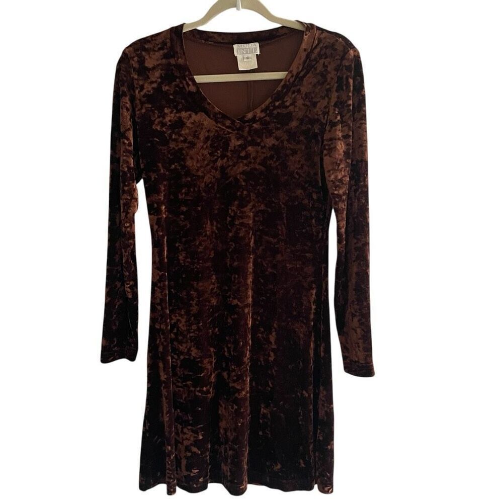 MODA INTL Brown Crushed Velvet Dress Size Small 4 6 Long Sleeve International